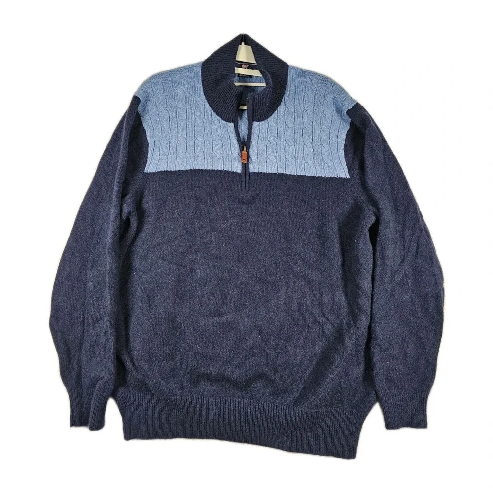 Vineyard Vines 100% Cashmere Quarter‎ Zip Sweater Mens XL Blue Cable Knit Whale